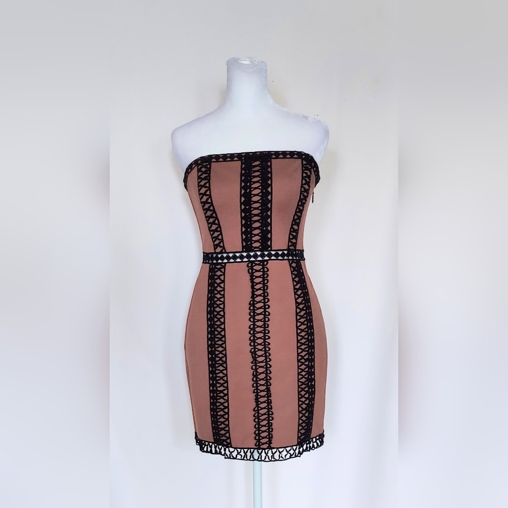 Free People City Lights Strapless Bodycon Cocktail Mini Dress Tan Black Size 2